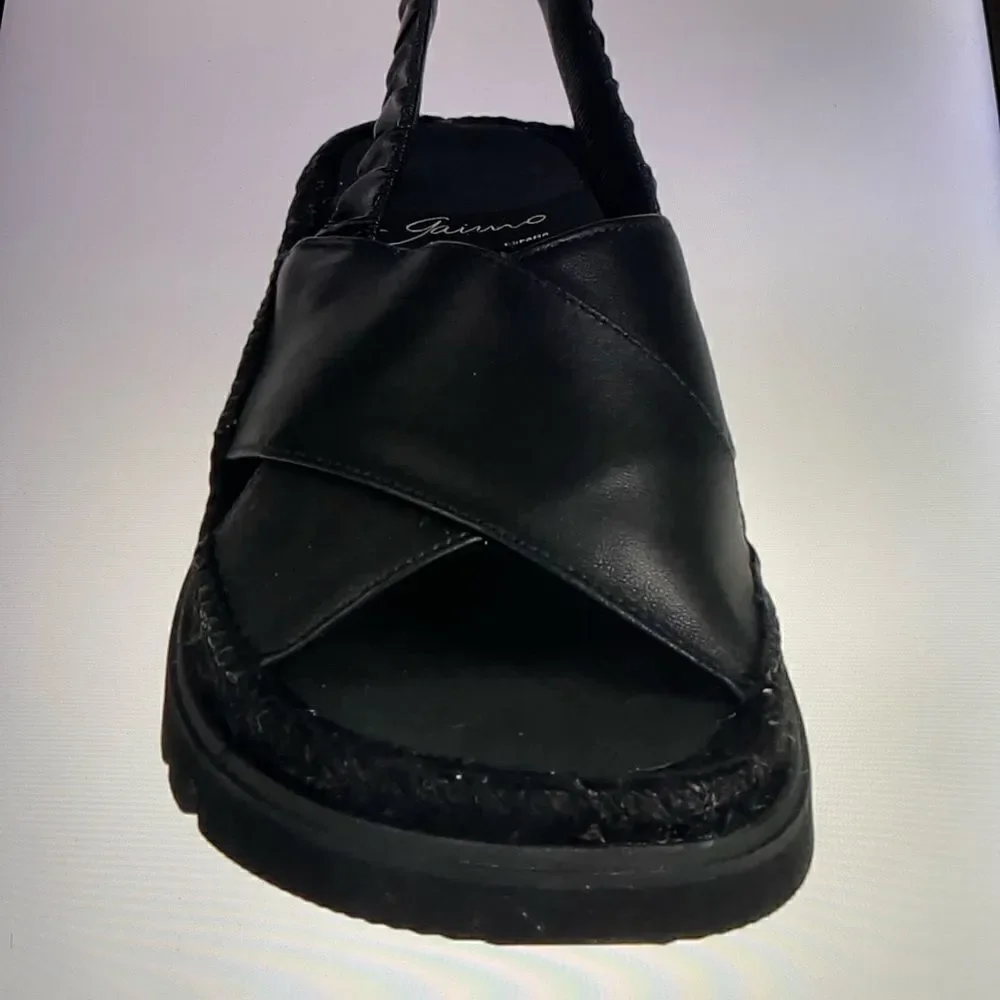 Black Leather Slingback Espadrille Sandal - Women